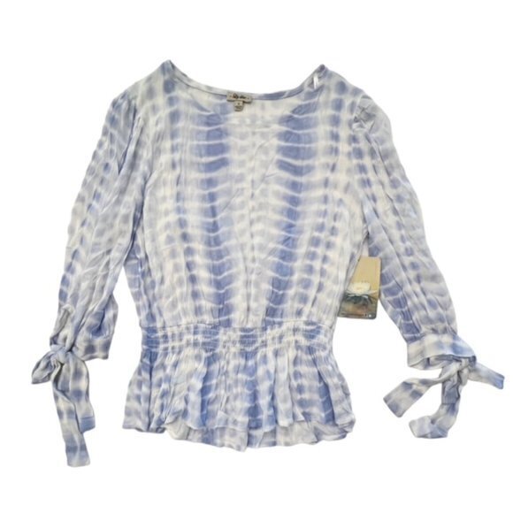 Lily Rose Smocked Waist Womens Peasant Blouse Size Small Tie‎ Dye Ribbon Sleeve - Picture 8 of 12